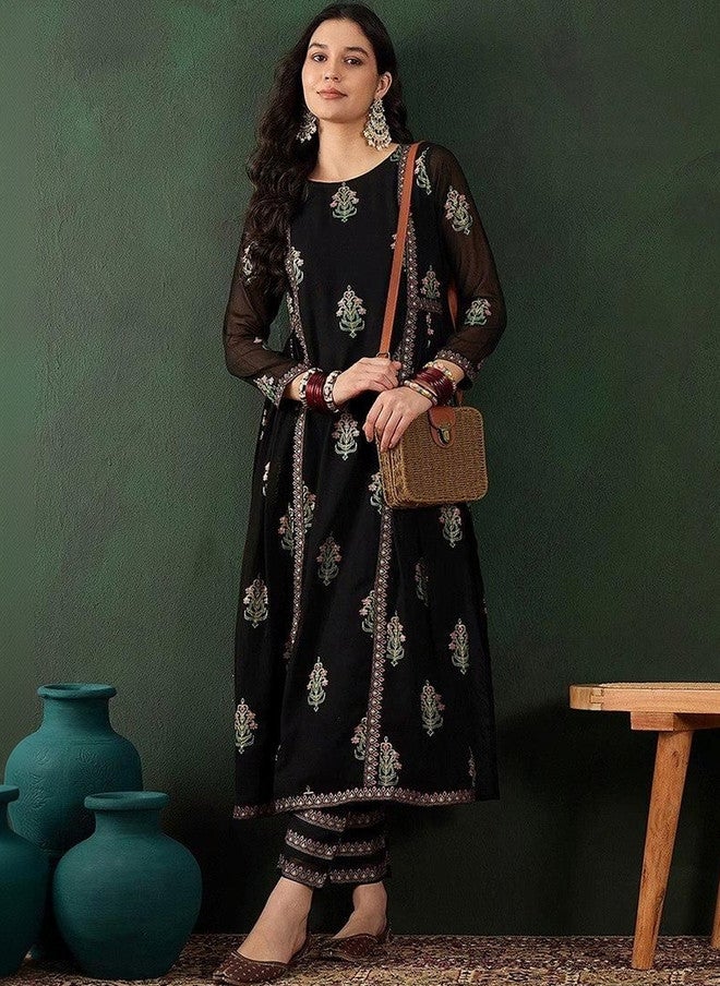 Women Basket HERE&NOW Women Ethnic Motifs Embroidered Panelled Thread Work Kurta with Trousers - Image 1